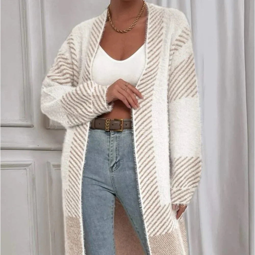 New striped pattern fuzzy cardigan jacket - Picture 2 of 9